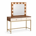 Coiffeuse avec miroir éclairé à 11 ampoules et 2 tiroirs, marron noyer, blanc cassé et doré, 120 × 40 × 145 cm