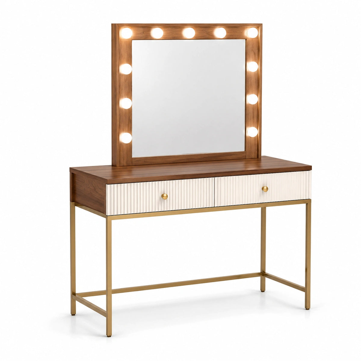 Coiffeuse avec miroir éclairé à 11 ampoules et 2 tiroirs, marron noyer, blanc cassé et doré, 120 × 40 × 145 cm