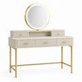 Coiffeuse ivoire et dorée 120 × 50 × 145 cm avec miroir rond éclairé, niche ouverte et 5 tiroirs