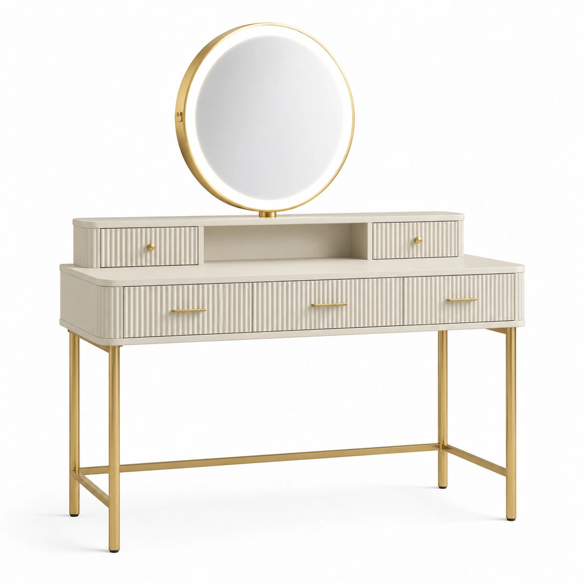 Coiffeuse ivoire et dorée 120 × 50 × 145 cm avec miroir rond éclairé, niche ouverte et 5 tiroirs