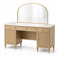Coiffeuse avec miroir arrondi et rangements, 120 × 50 × 140 cm, beige, doré et blanc