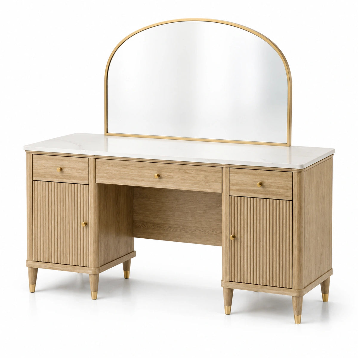 Coiffeuse avec miroir arrondi et rangements, 120 × 50 × 140 cm, beige, doré et blanc