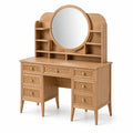 Coiffeuse en bois naturel et cannage avec miroir rond, 7 tiroirs et étagères, 120 × 50 × 150 cm