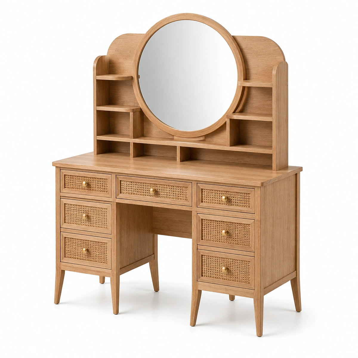 Coiffeuse en bois naturel et cannage avec miroir rond, 7 tiroirs et étagères, 120 × 50 × 150 cm