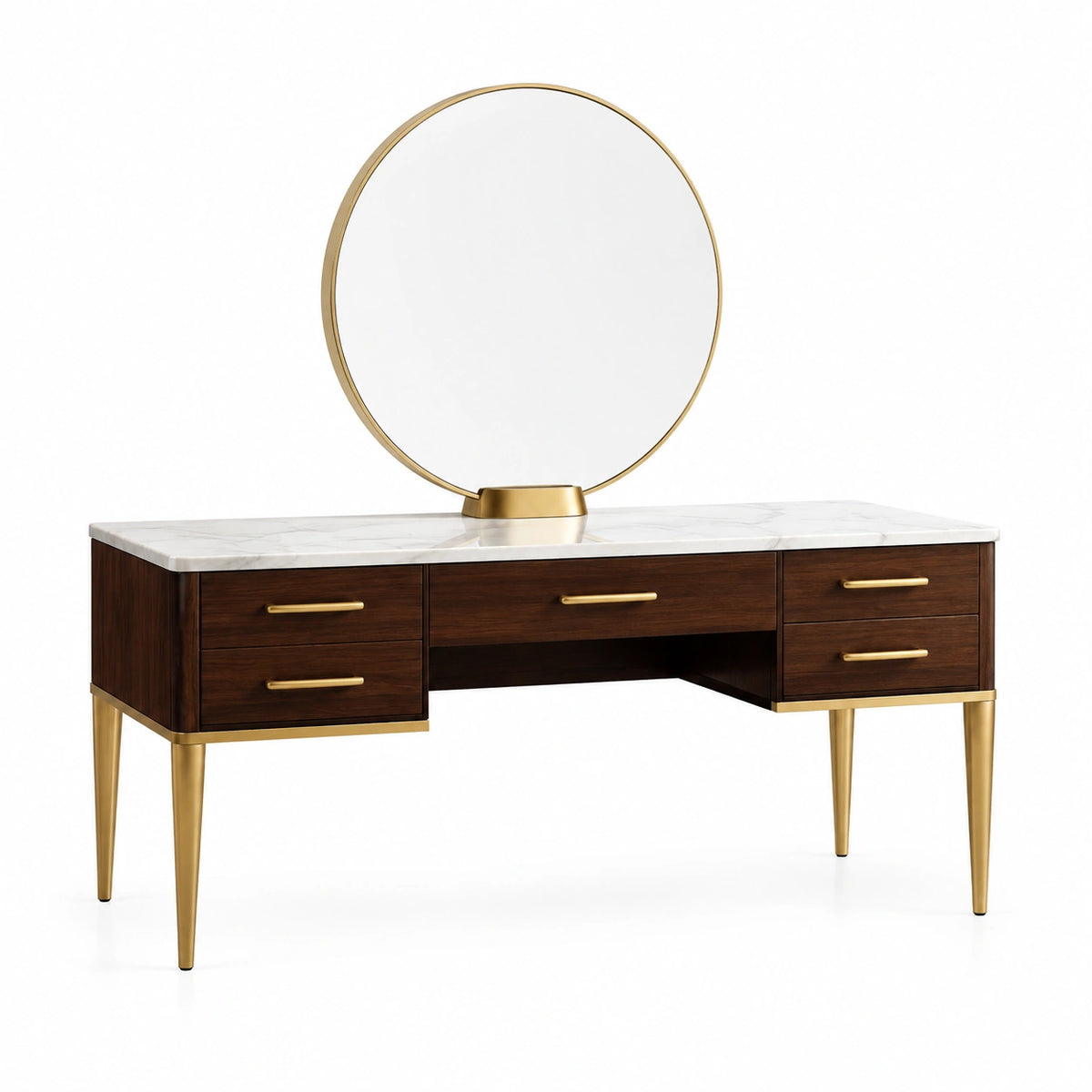 Coiffeuse avec miroir rond et 5 tiroirs, 120 × 45 × 140 cm, brun, blanc et doré, style Art déco