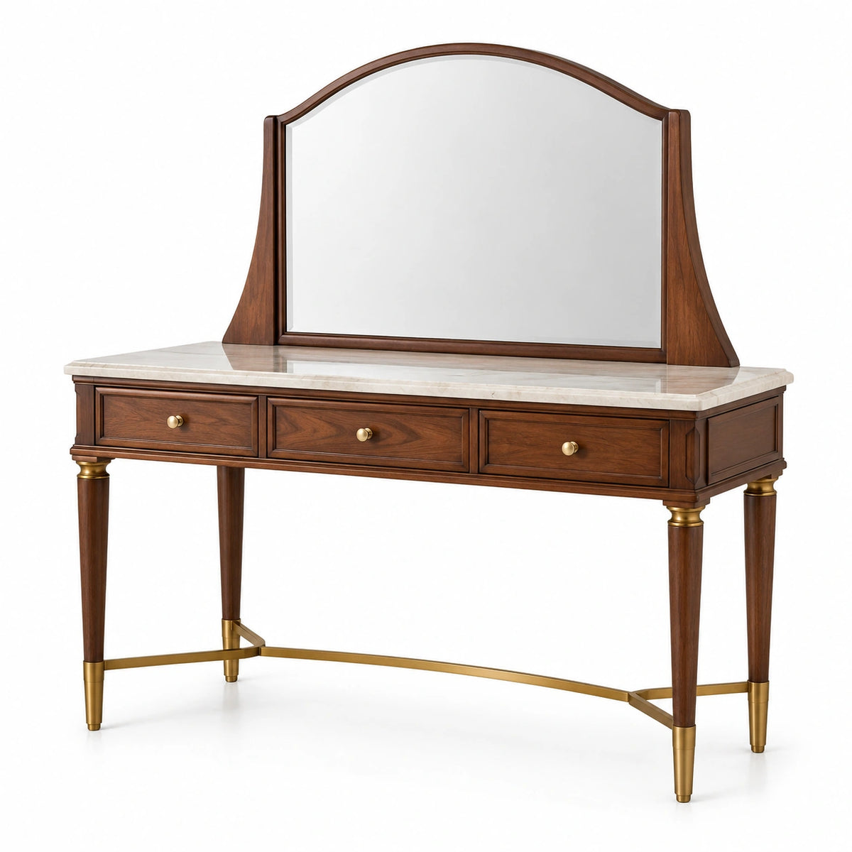 Coiffeuse en bois brun avec miroir cintré, 3 tiroirs, plateau blanc et détails dorés, 130 × 50 × 145 cm