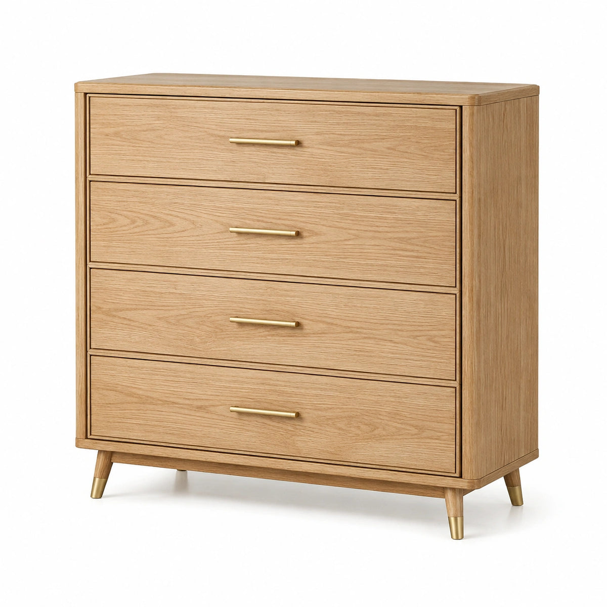Commode moderne à 4 tiroirs, finition chêne naturel et détails dorés, 90 × 40 × 100 cm