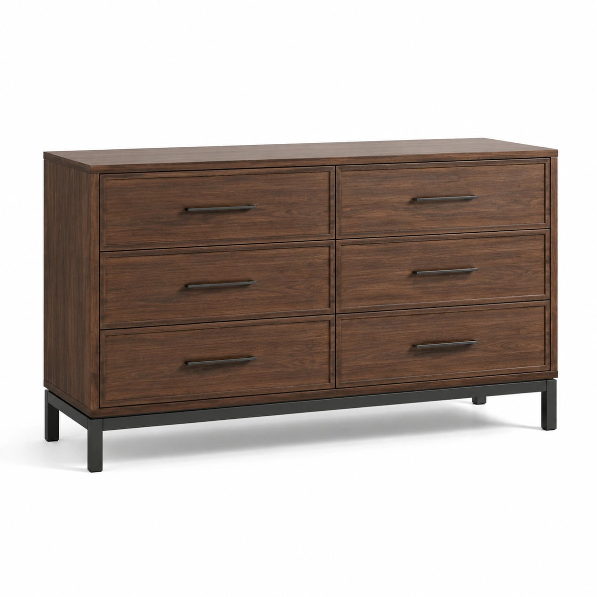 Commode à 6 tiroirs effet bois marron foncé et métal noir, 140 × 40 × 85 cm