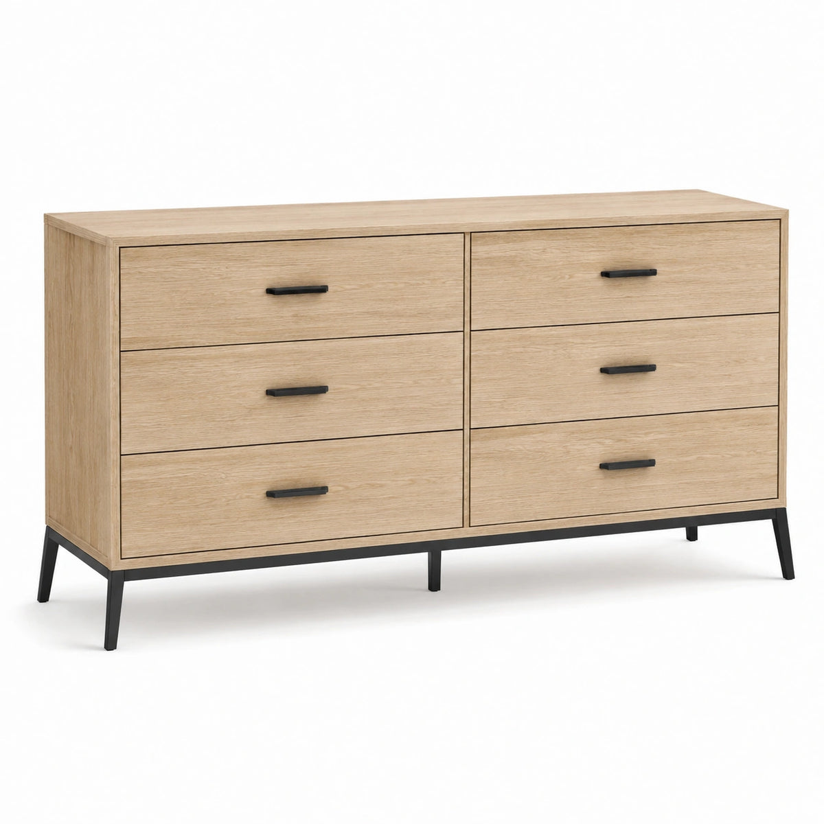 Commode à 6 tiroirs effet chêne clair et métal noir, 140 × 40 × 80 cm