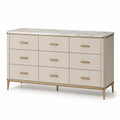 Commode à 9 tiroirs, 150 × 40 × 90 cm, blanc cassé, doré et blanc marbré