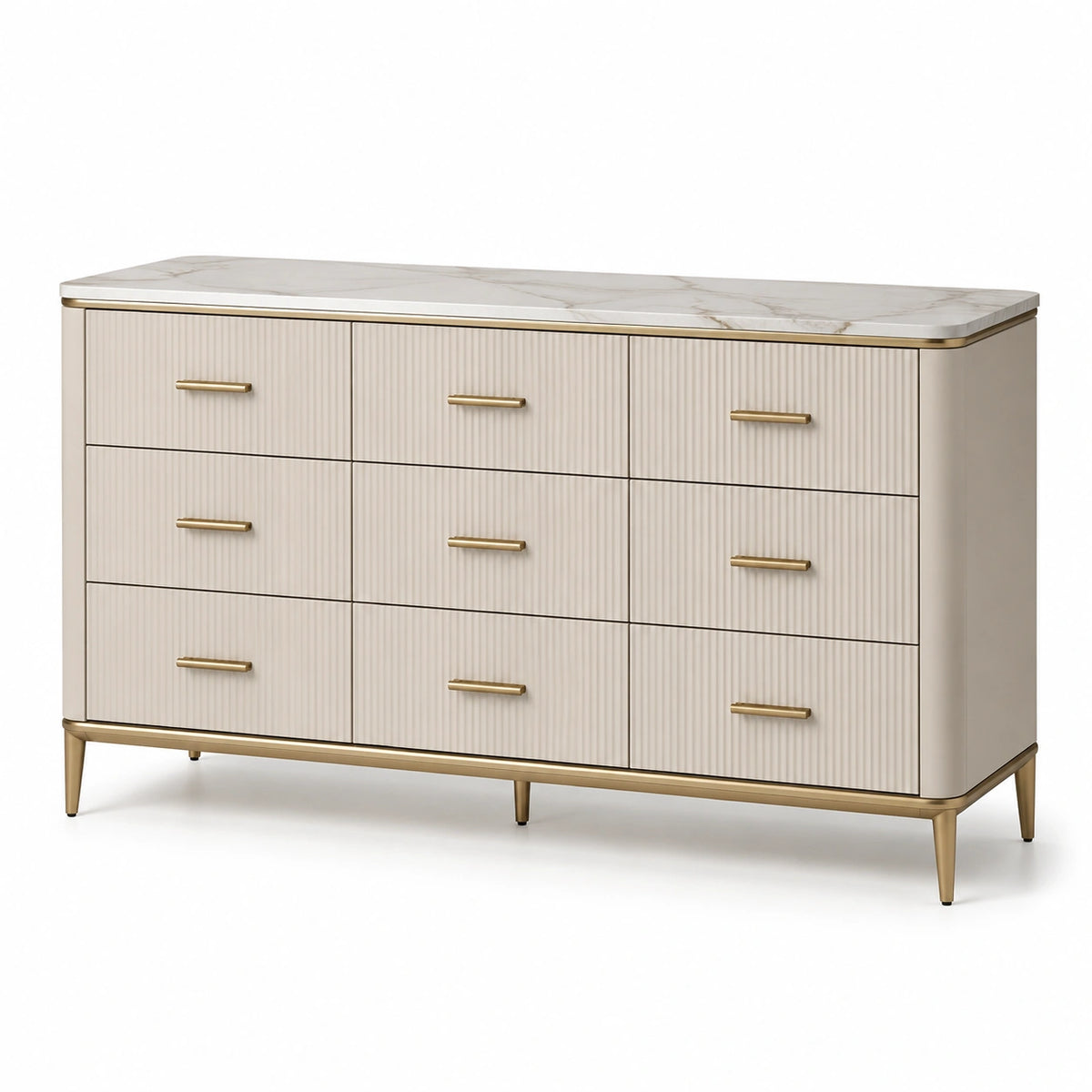 Commode à 9 tiroirs, 150 × 40 × 90 cm, blanc cassé, doré et blanc marbré