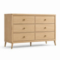 Commode à 6 tiroirs, 140 × 45 × 85 cm, finition chêne naturel et détails dorés