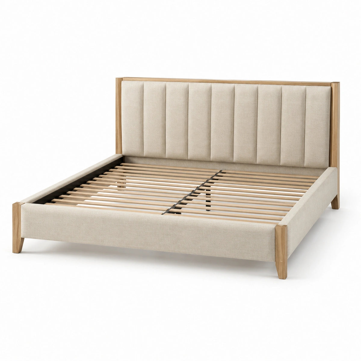 Lit double 160 x 200 cm en bois naturel et tissu beige avec tête de lit rembourrée