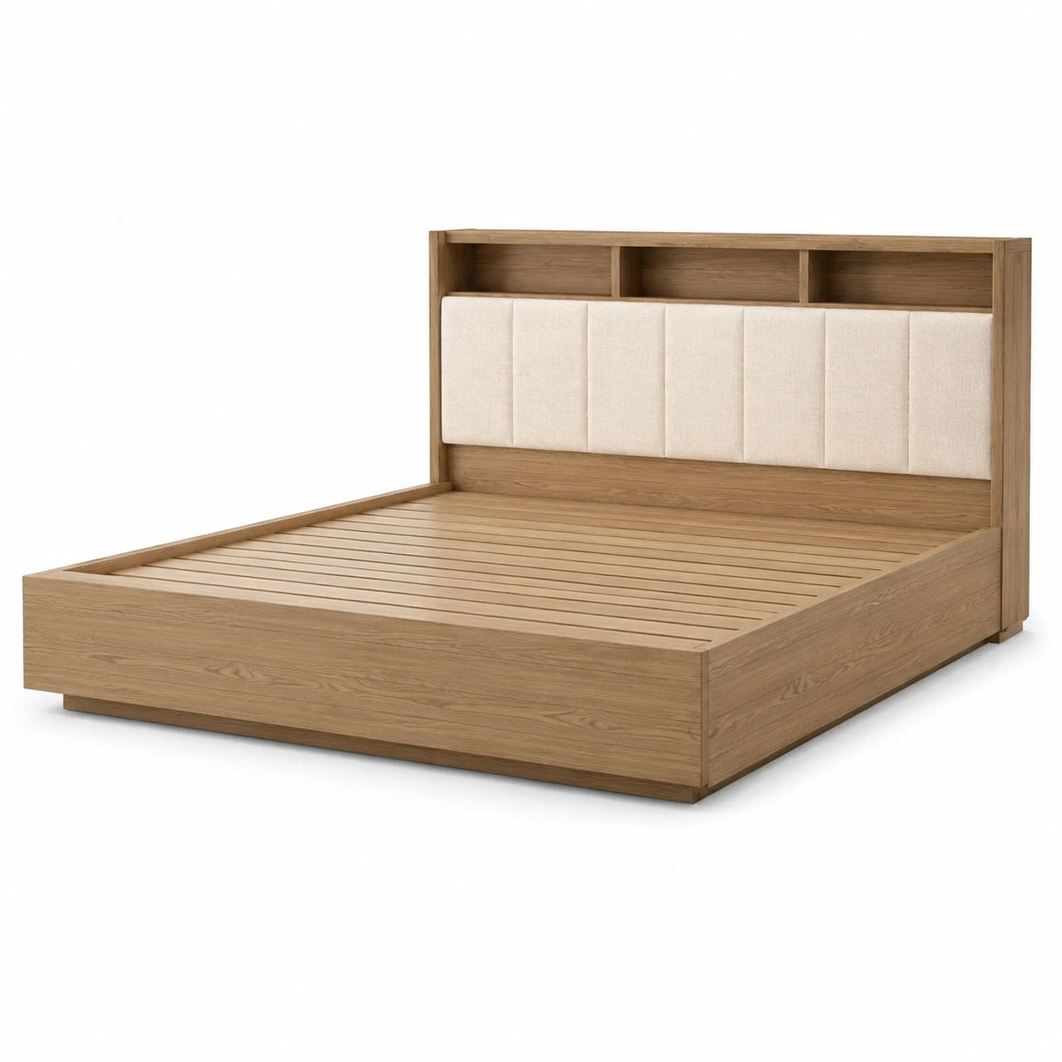 Lit double 160 × 200 cm effet chêne naturel et beige avec tête rembourrée et rangements intégrés