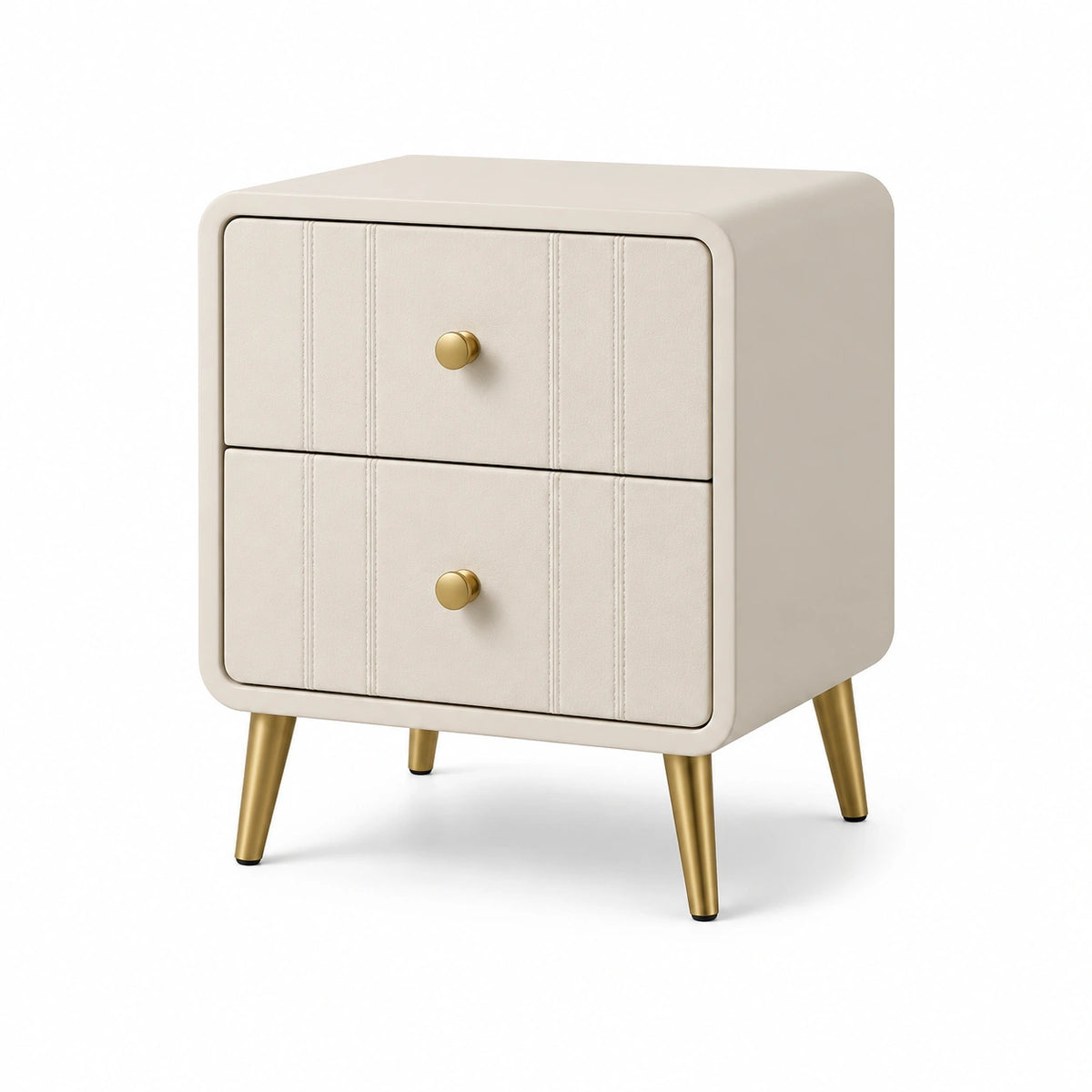 Table de chevet beige et dorée 45 × 40 × 55 cm avec 2 tiroirs, panneaux de bois et revêtement synthétique
