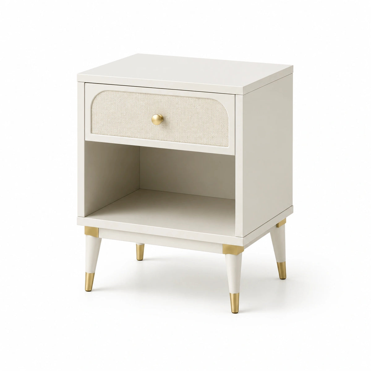 Table de chevet blanc cassé, beige et doré 45 × 40 × 60 cm avec tiroir et niche ouverte