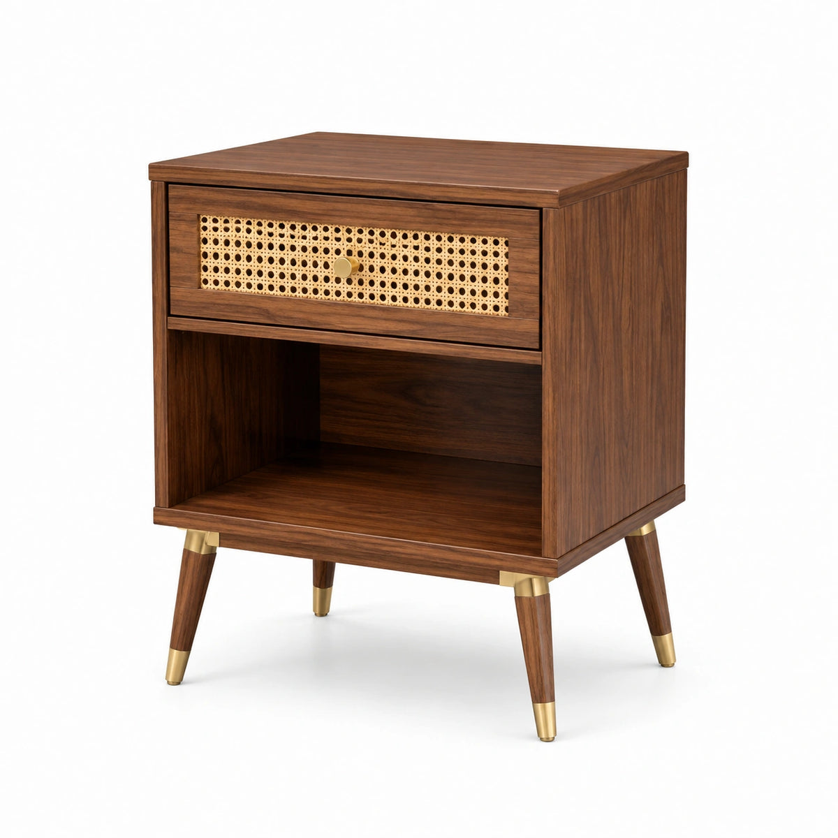 Table de chevet rétro marron avec cannage en rotin beige, 1 tiroir et niche ouverte, 50 × 40 × 60 cm