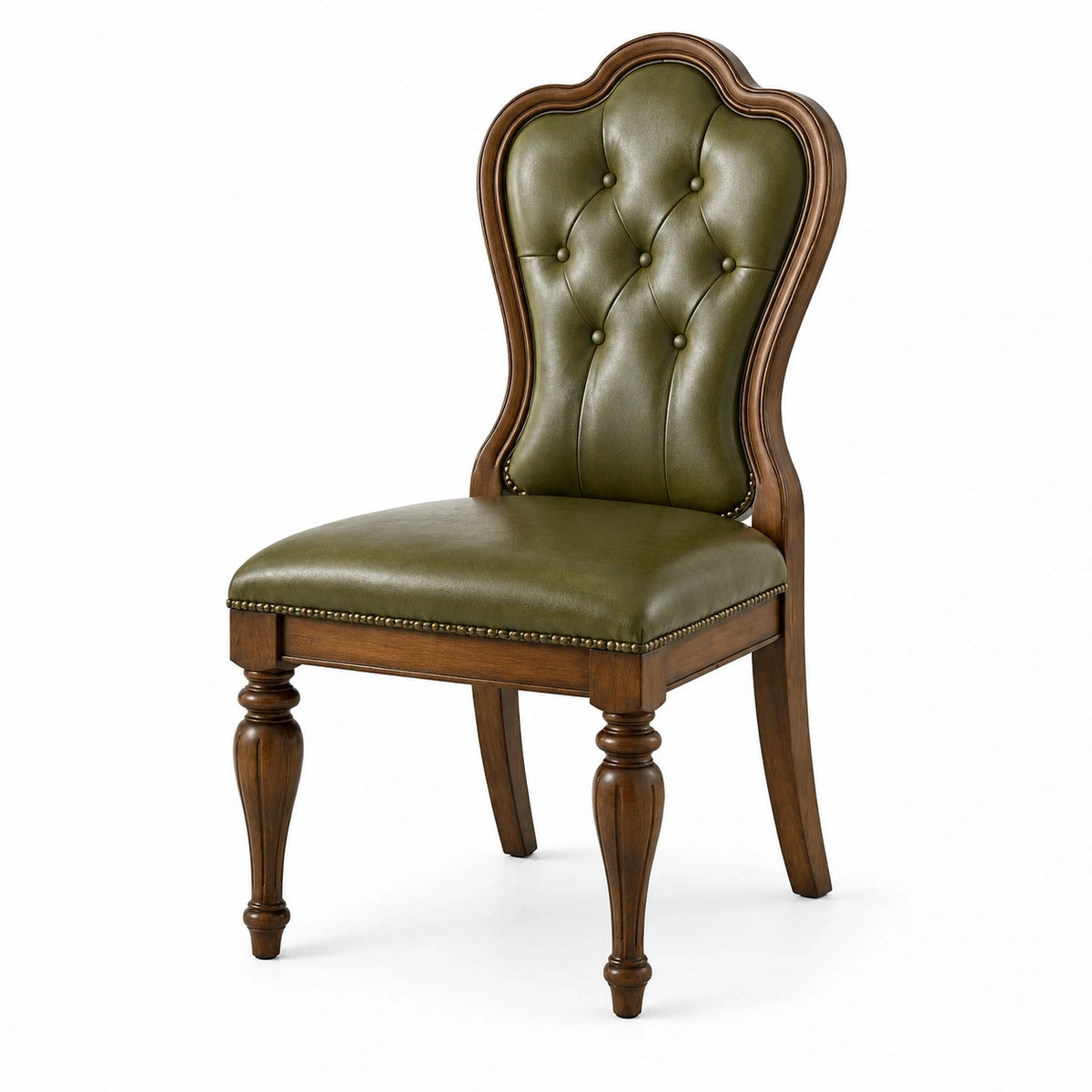 Chaise classique capitonnée en bois brun avec revêtement vert olive, 52 × 60 × 100 cm