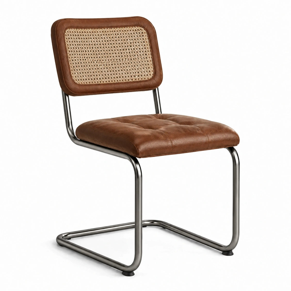 Chaise rétro marron, beige et noire avec assise rembourrée aspect cuir et dossier en cannage, 49 × 55 × 80 cm