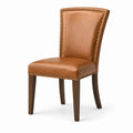Chaise rembourrée classique 60 × 52 × 96 cm, aspect cuir marron cognac, pieds en bois brun foncé et clous dorés