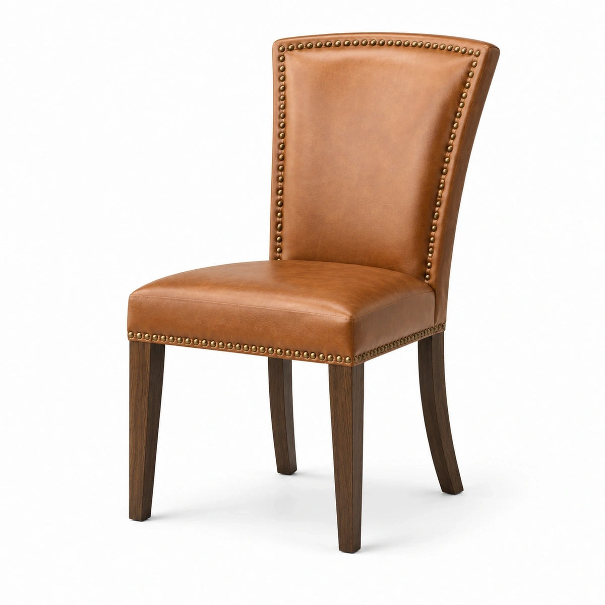 Chaise rembourrée classique 60 × 52 × 96 cm, aspect cuir marron cognac, pieds en bois brun foncé et clous dorés